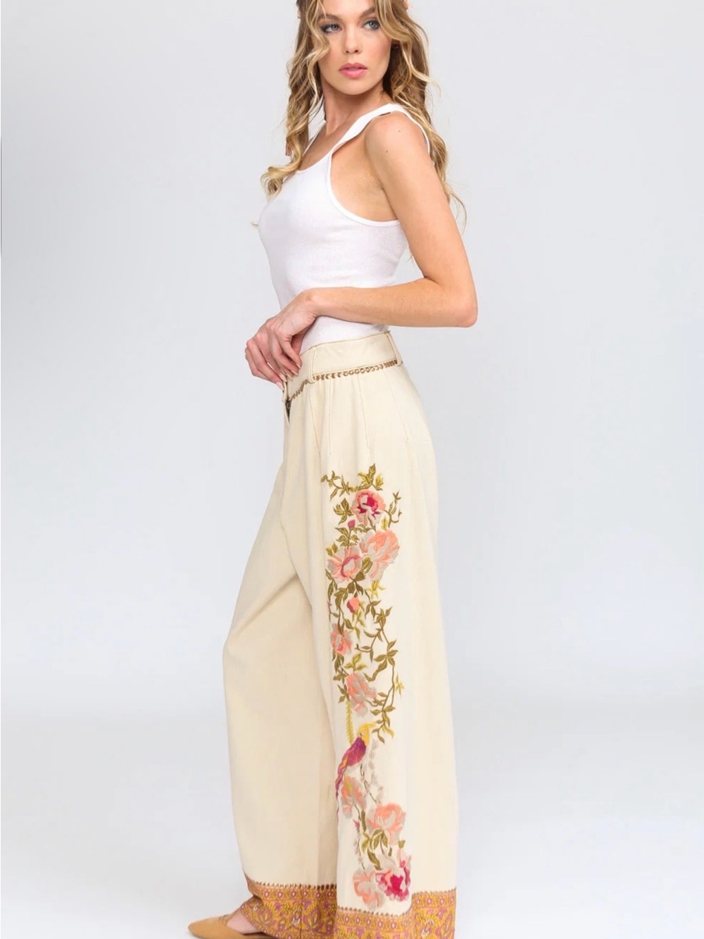 Time To Shine Embroidered Cream Wide-Leg Pants with Floral Trim by Aratta, NWT
